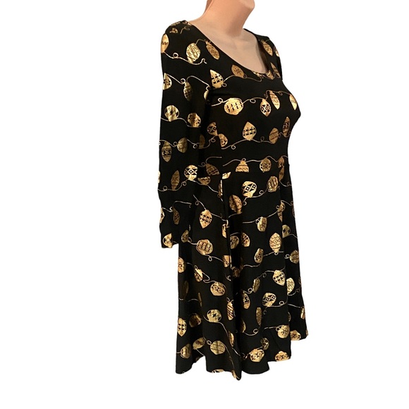 X-Mas Ornament Dress Gold Foil Black T-Shirt Dress Skater Short Fit & Flare Mini - Picture 3 of 11